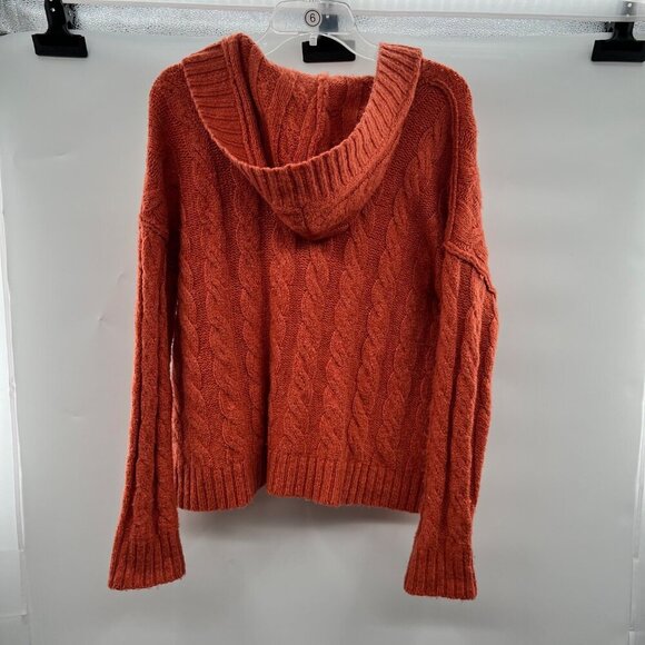American Eagle Hooded Knit Sweater Women's Size Small Orange V-Neck Long Sleeve - Picture 7 of 9